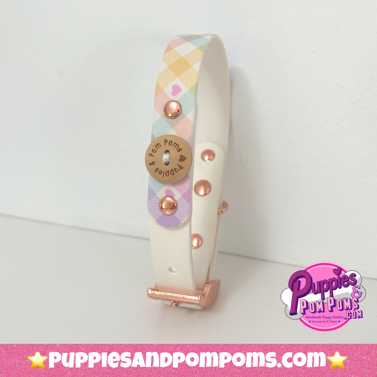 Handmade Dog Collar - Pastel Vichy - White