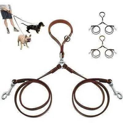 Golden Double Leather Pet Leads - Set of 2