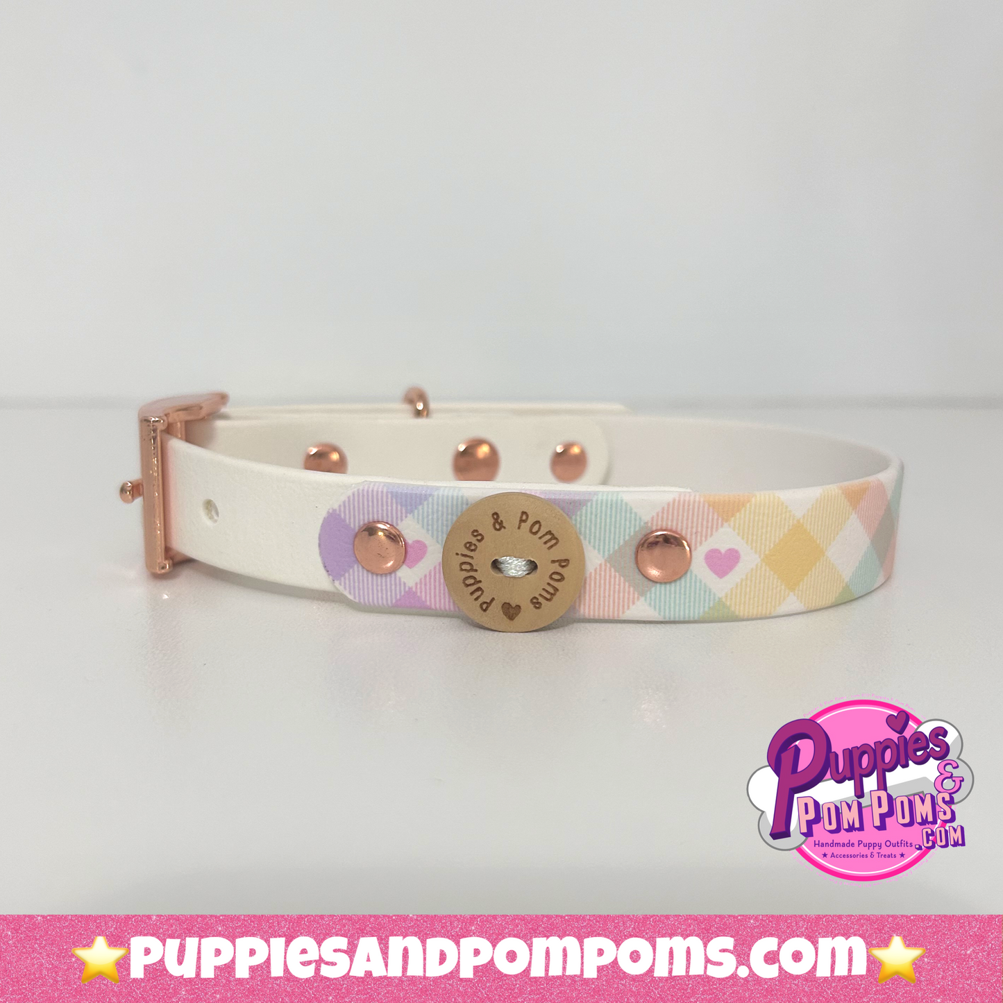 Handmade Dog Collar - Pastel Vichy - White