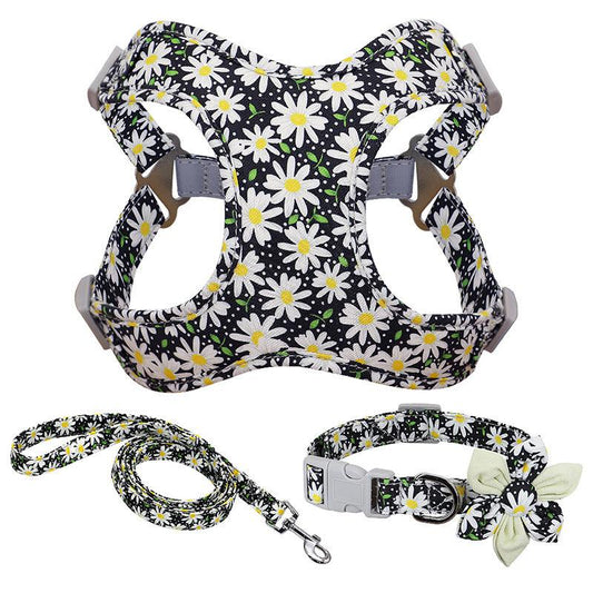 Floral Print Dog Collar Harness Leash Set For Small, Medium, Large Dogs - Stylish Pet Accessories