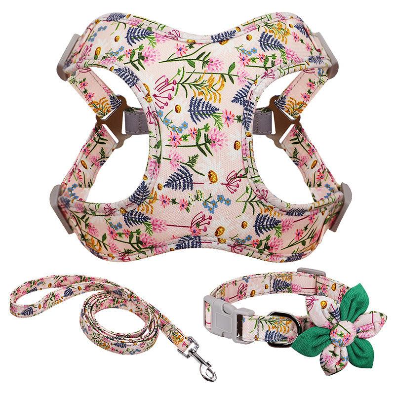 Floral Print Dog Collar Harness Leash Set For Small, Medium, Large Dogs - Stylish Pet Accessories
