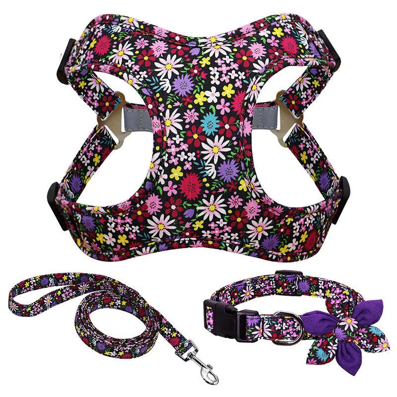 Floral Print Dog Collar Harness Leash Set For Small, Medium, Large Dogs - Stylish Pet Accessories
