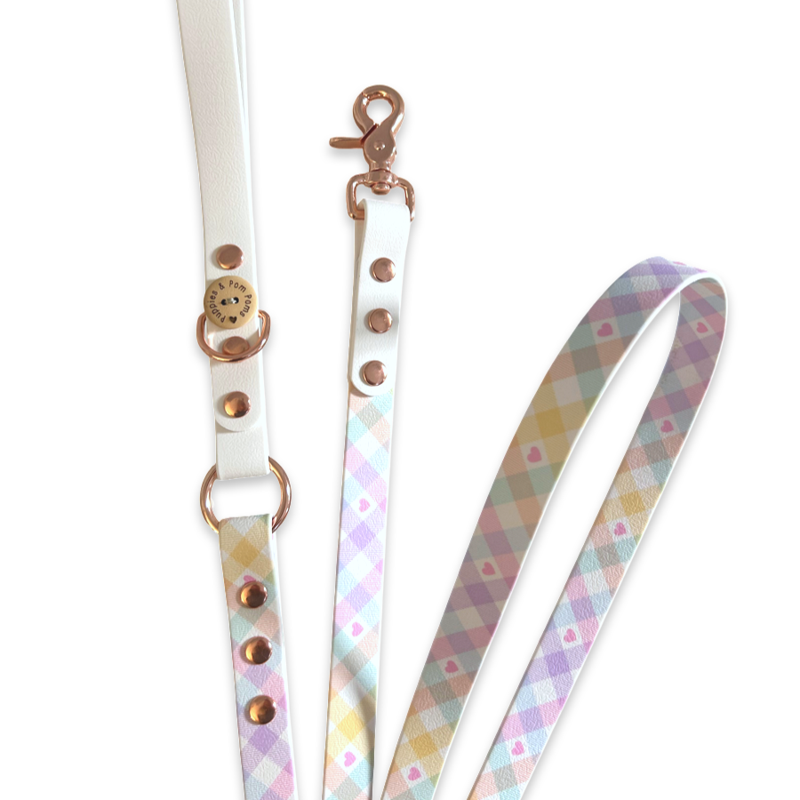 Handmade Dog Leash - Vegan Leather - Pastel Vichy - White