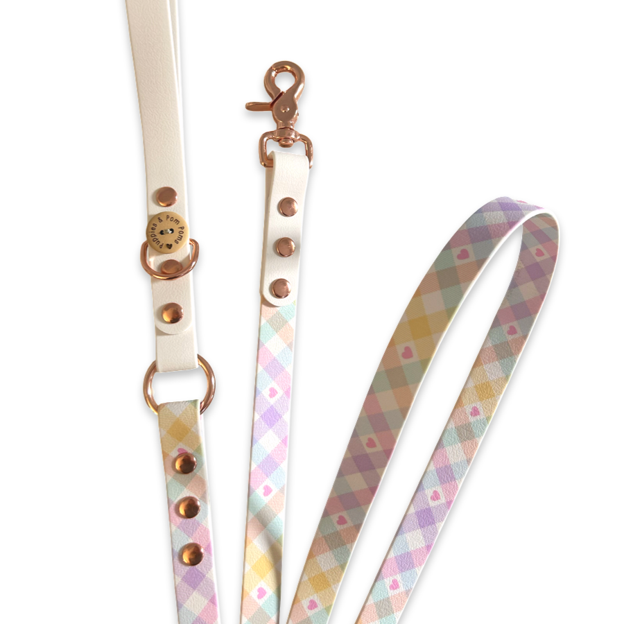 Handmade Dog Leash - Vegan Leather - Pastel Vichy - White