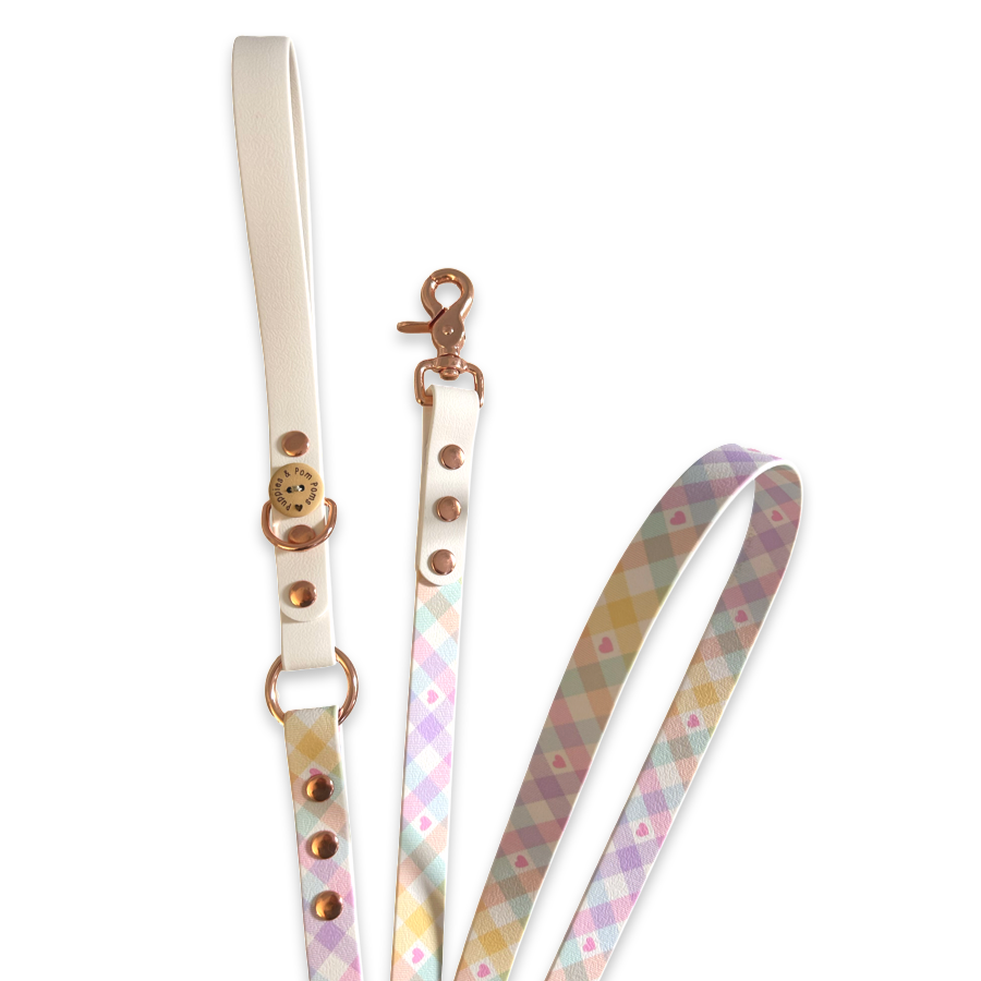 Handmade Dog Leash - Vegan Leather - Pastel Vichy - White