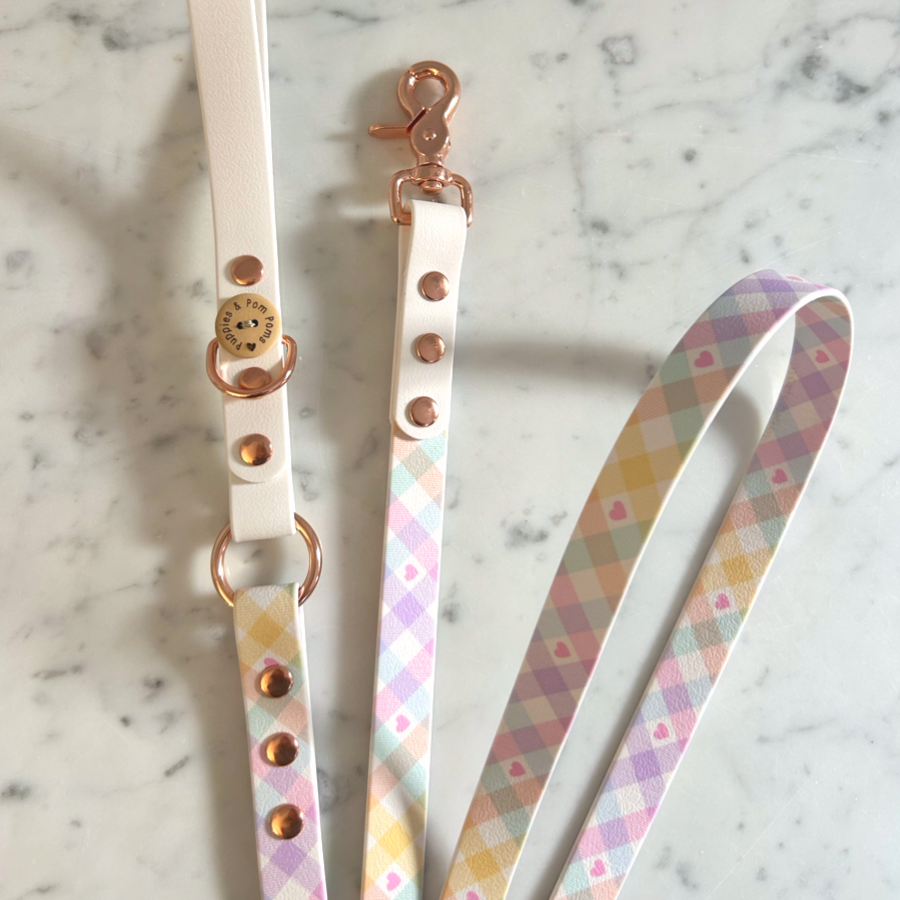 Handmade Dog Leash - Vegan Leather - Pastel Vichy - White